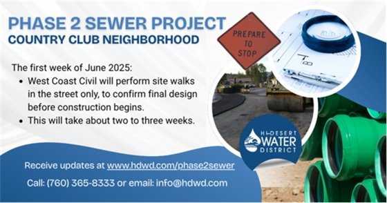 Phase 2 Sewer Project Update image with text about job walk in Country Club Neigborhood in early June.