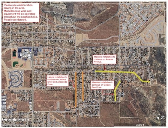 Aerial map of Phase 2 Sewer Project work area week of March 9, 2026