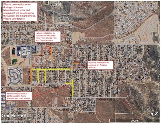 Aerial map of Phase 2 Sewer Project work area week of January 12, 2026