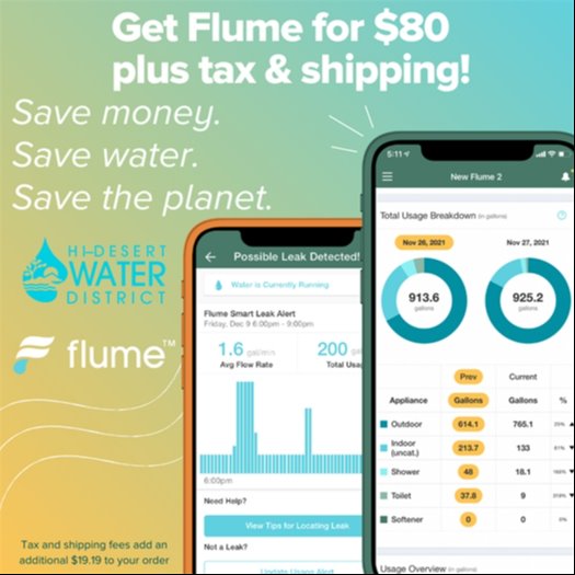 Graphic image with information about a rebate for the Flume smart phone leak and water use device with link