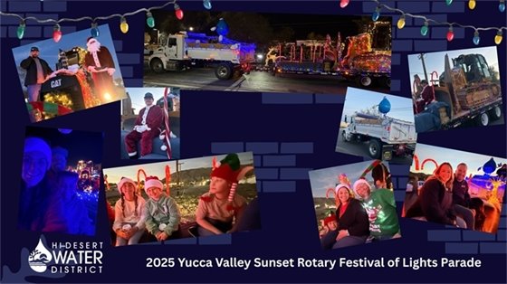 Photo collage of the water district's light parade float and employees.