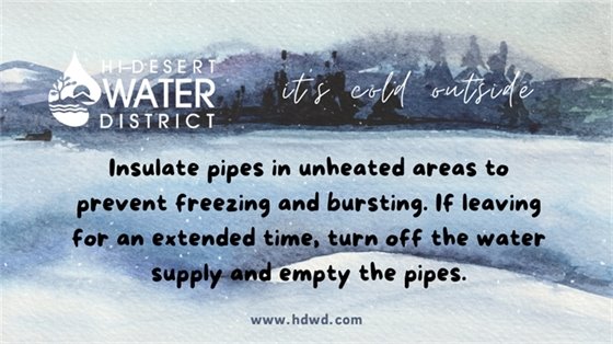Watercolor snowscape with winterize your water pipes to avoid freezing