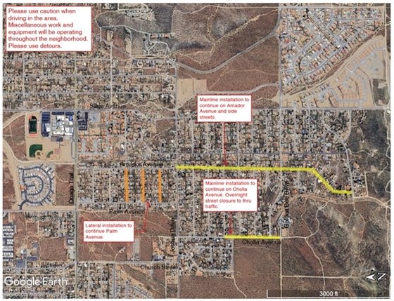Aerial map of Phase 2 Sewer Project work area week of February 16, 2026