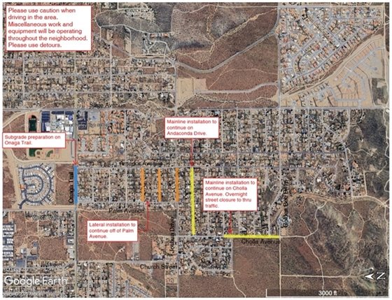 Aerial map of Phase 2 Sewer Project work area week of March 2, 2026