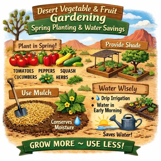 Desert gardening tips graphic with mountain vegetables, tips and information 