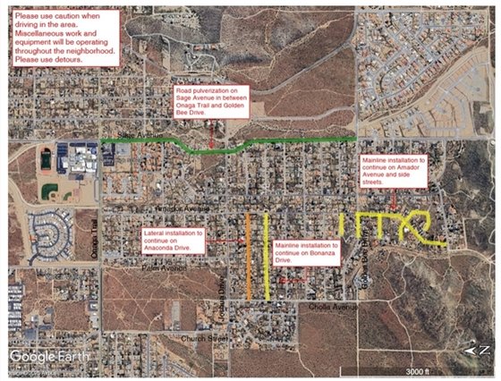 Aerial map of Phase 2 Sewer Project work area week of March 16, 2026
