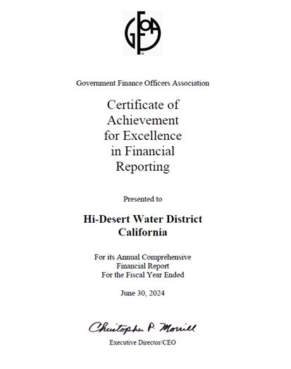 Image of GFOA Certificate of Excellence in Financial Report for Fiscal Year ending June 30, 2024 for Hi-Desert Water District