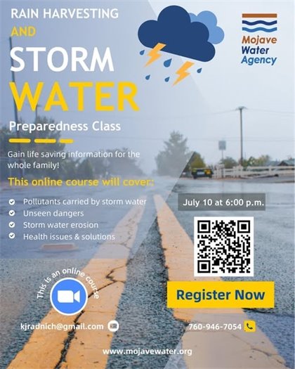 Mojave Water Agency rain capture class flyer with registration information